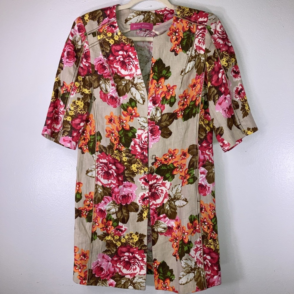 Burda Moon Jacket M Floral Pink Tan Green